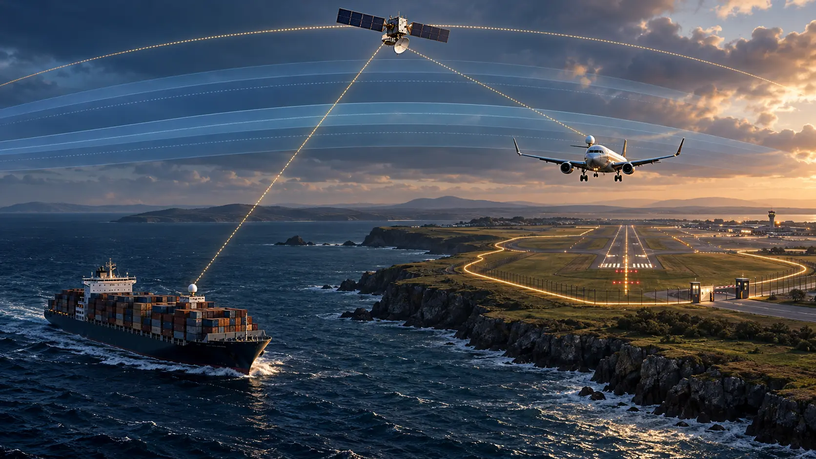 A passenger aircraft and a cargo ship transmit toward a satellite above a runway enclosed by a glowing perimeter gate, beneath layered radio bands.