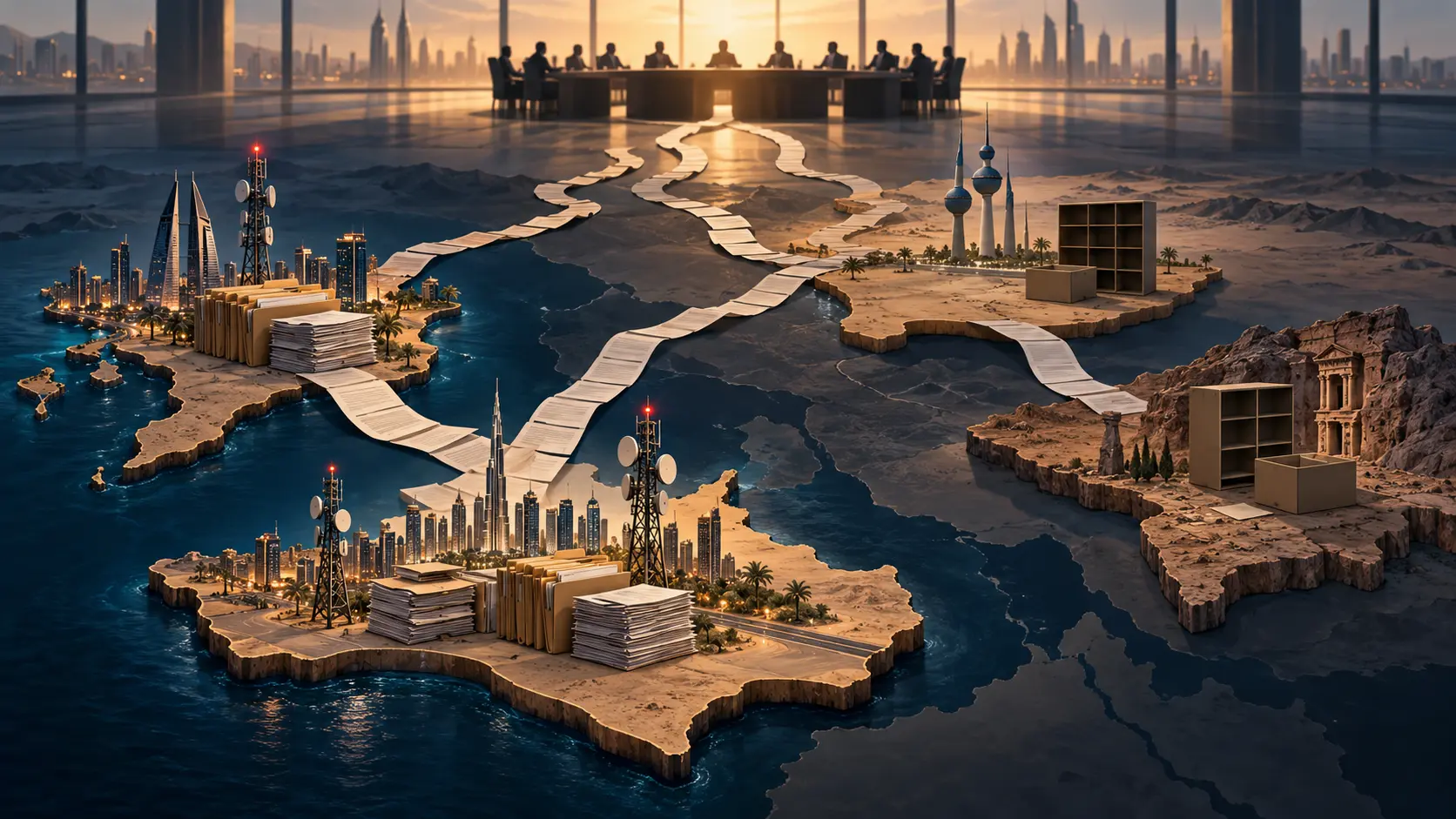 A paper evidence trail crosses four abstract Middle Eastern landmasses toward an international council table. Document stacks and telecom towers mark two; two archive shelves are empty.