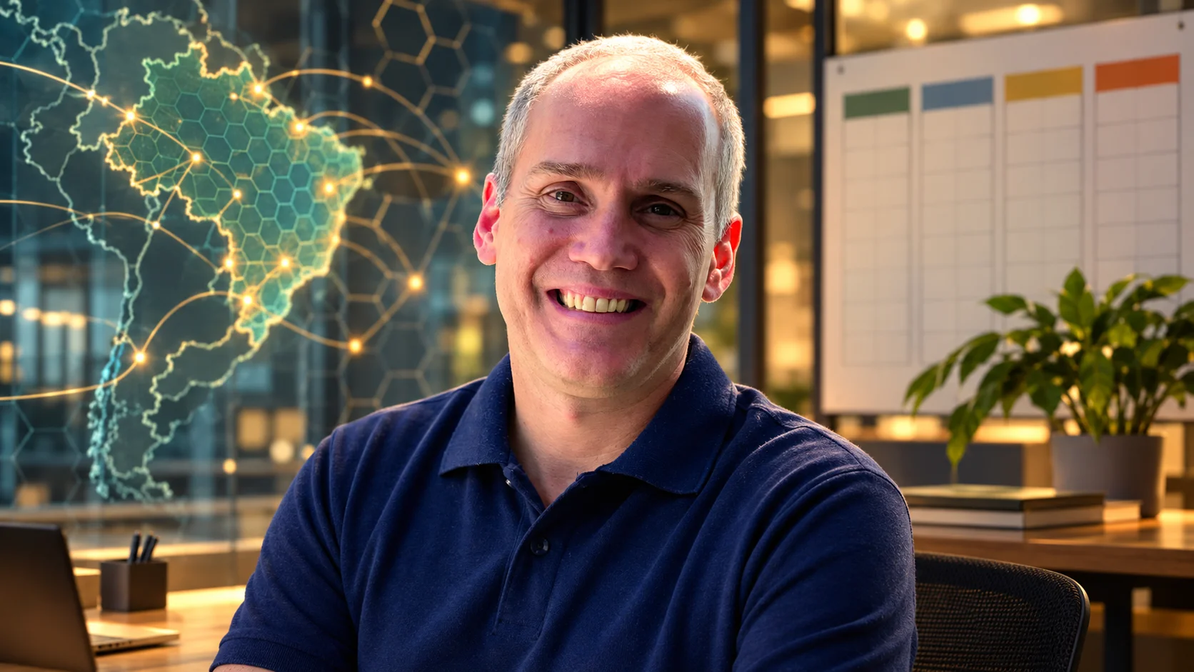 Editorial portrait of Ricardo Patara with an imagined network map and planning board.