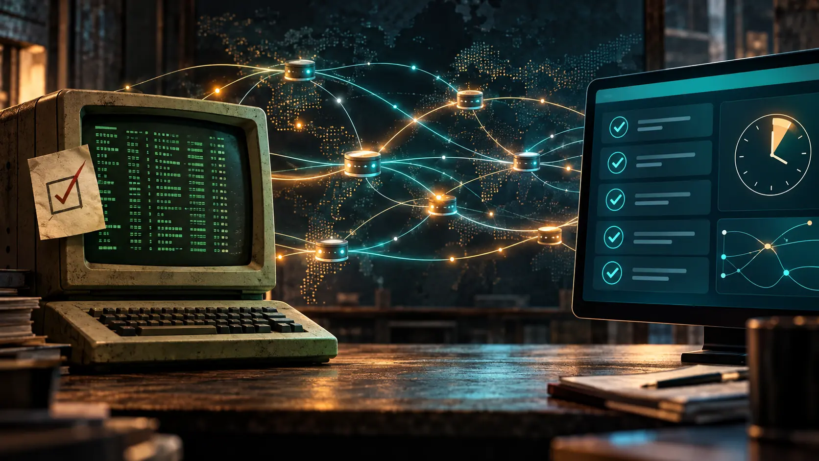 A green monochrome terminal faces a teal console with test checks and an hourly clock, linked by glowing route collector nodes.