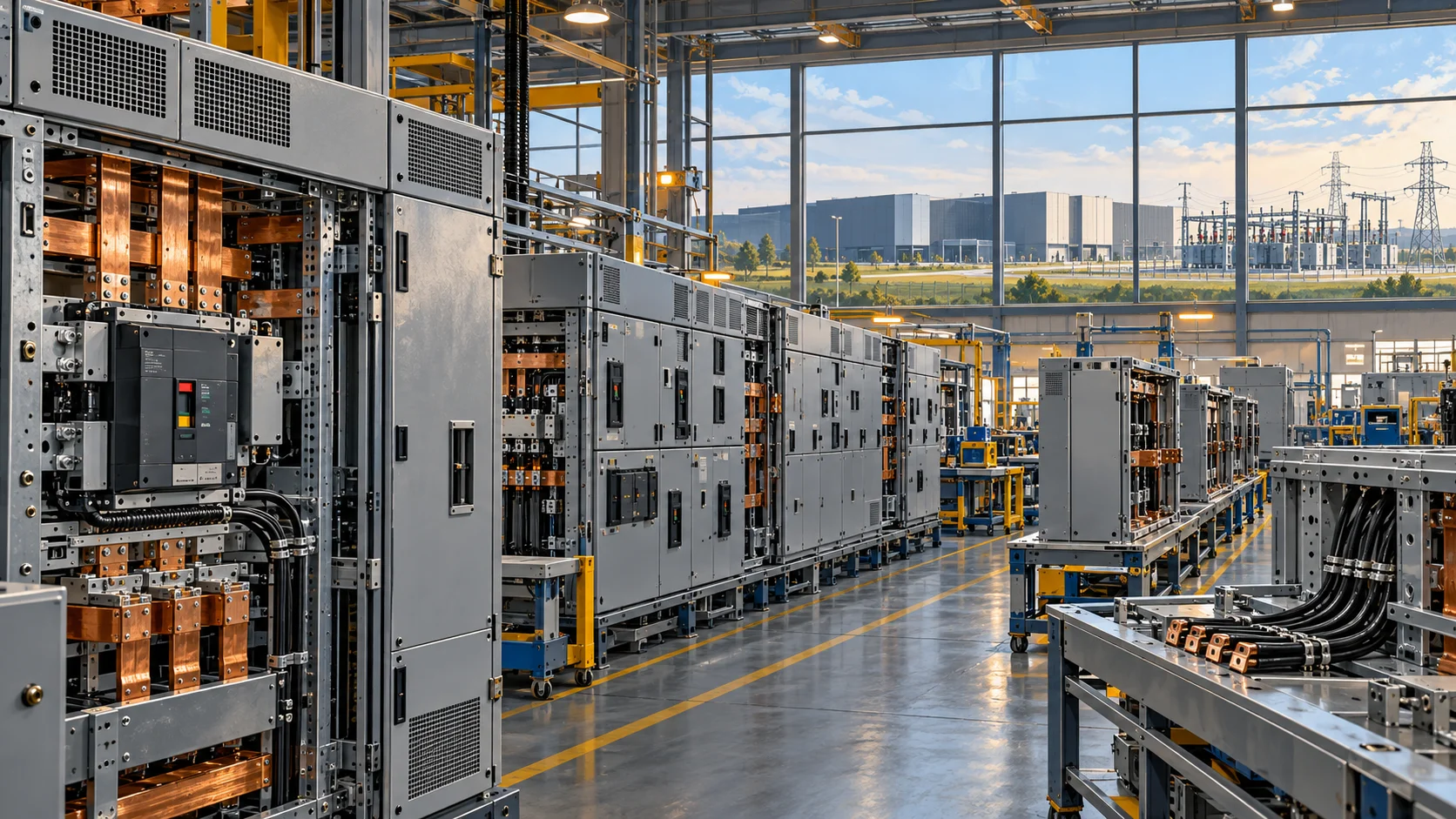 Rows of switchgear cabinets in an electrical-equipment factory, with a data-centre campus and substation visible beyond the windows.