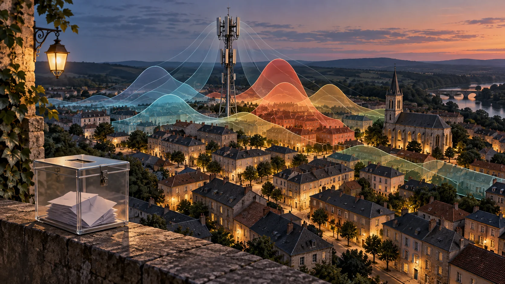 Conceptual mobile mast over a French town, with data bands facing a sealed ballot box