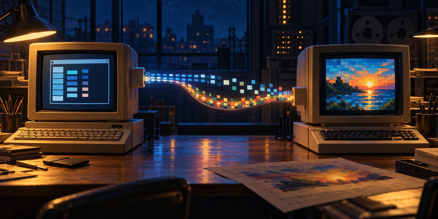 Conceptual 1987 X11 scene: two period workstations exchange ordered command fields while a separate pixel stream follows the display server’s image format.
