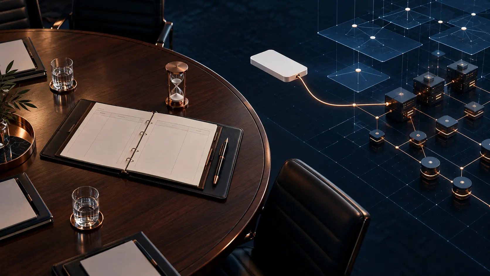 An empty boardroom table holds a blank risk ledger and hourglass beside a domain tile still connected to a network grid.