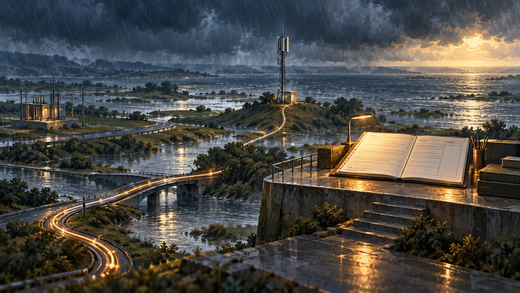 A communications link threads through floodwater toward a planning ledger whose owner and funding lines remain blank.