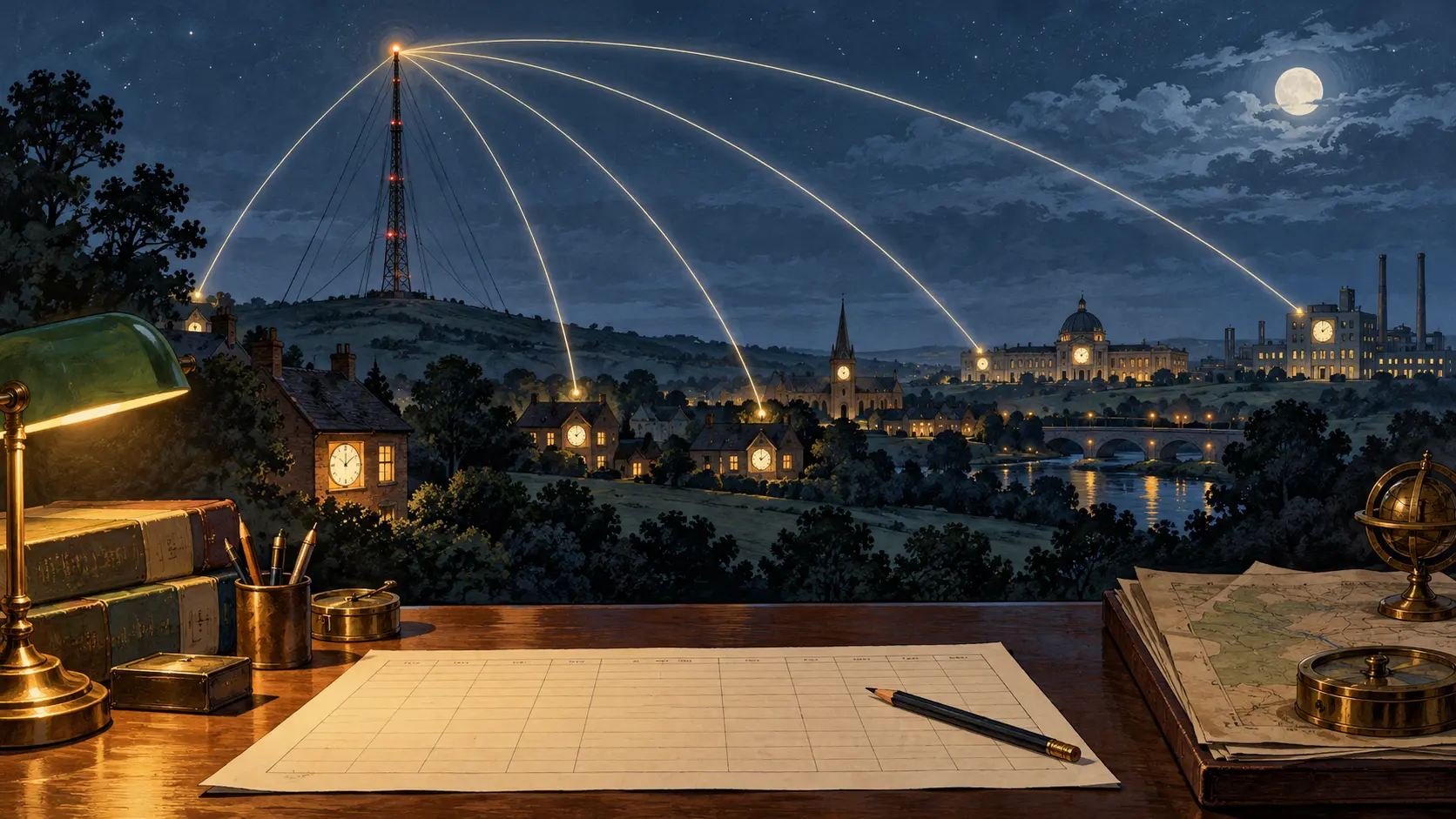 A long-wave mast sends a one-way time signal toward silent clocks and a blank government inventory sheet.