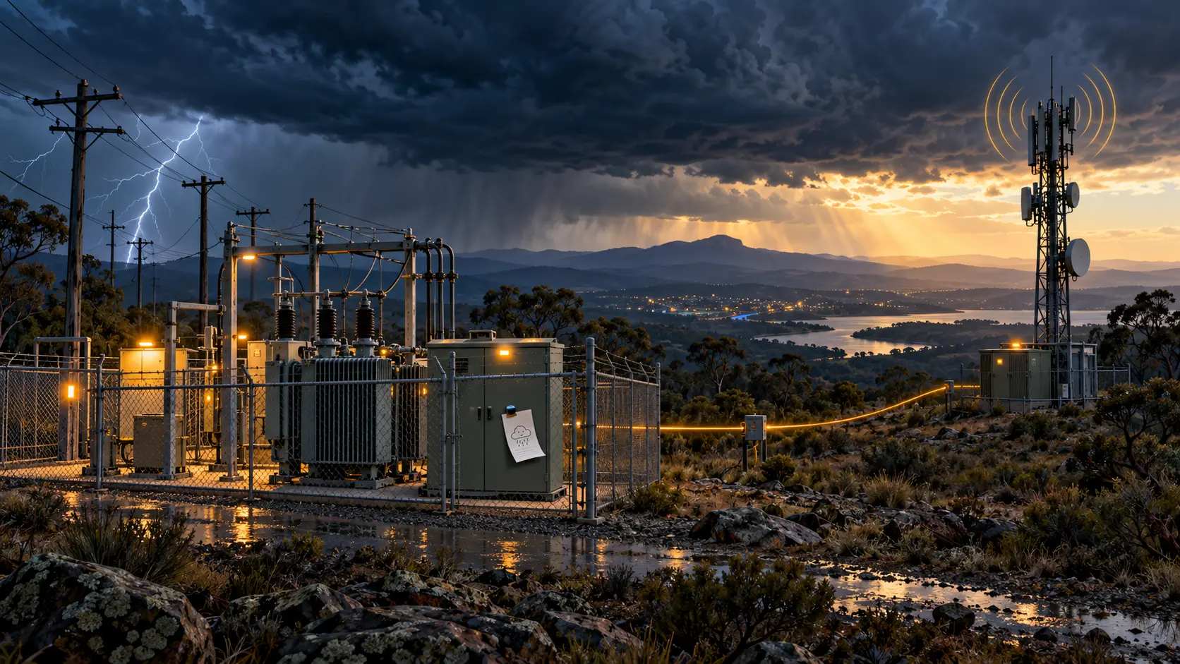 A storm-cleared landscape with a distribution substation and separate communications mast joined by a thin amber line.