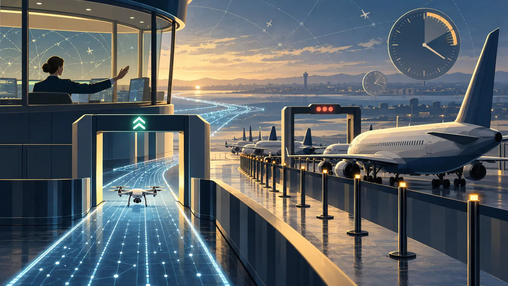 A drone passes through a digital airspace gate while passenger aircraft wait behind a longer barrier.