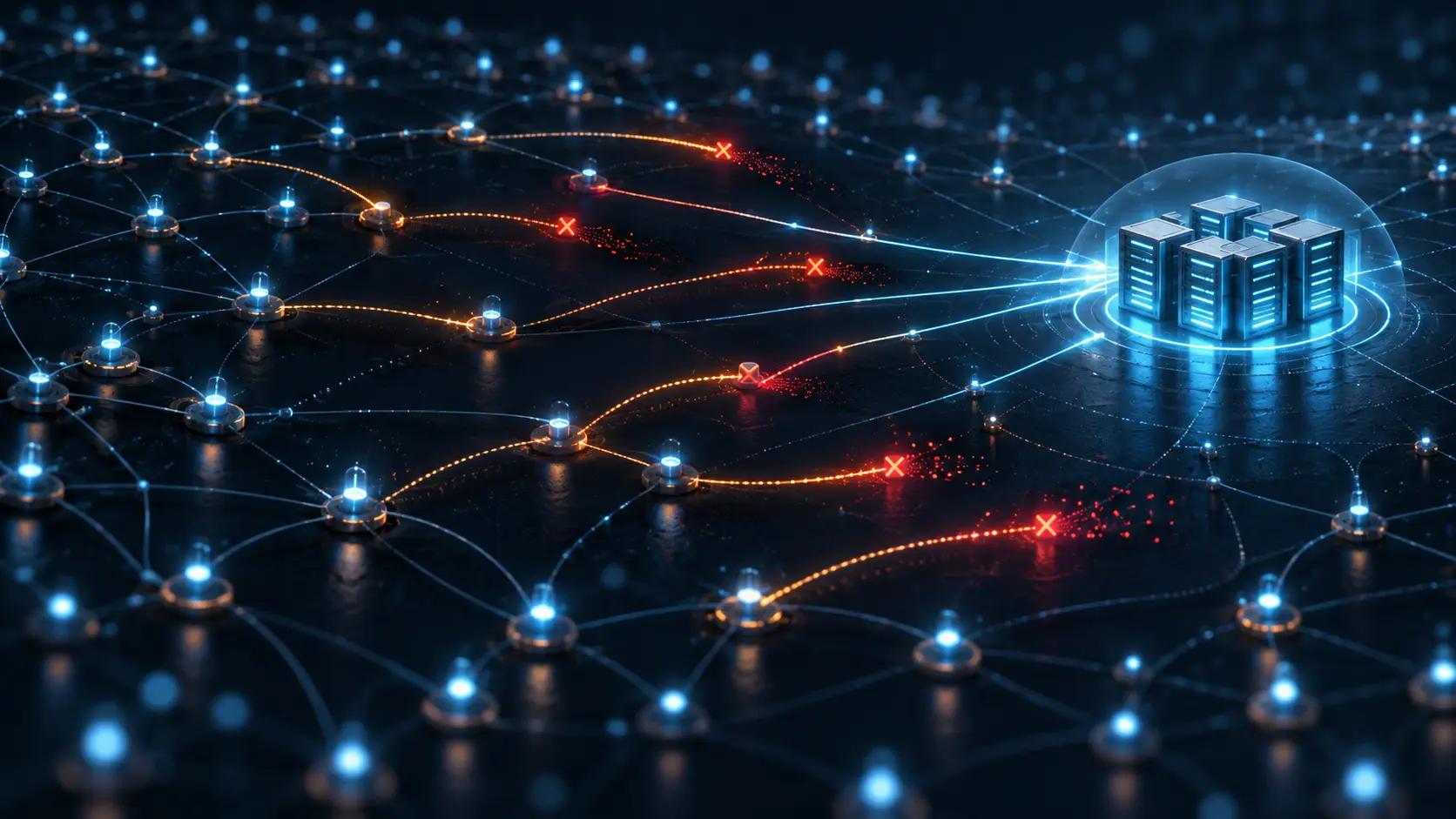 An abstract network shows probe paths fading before a cluster of bright server nodes.