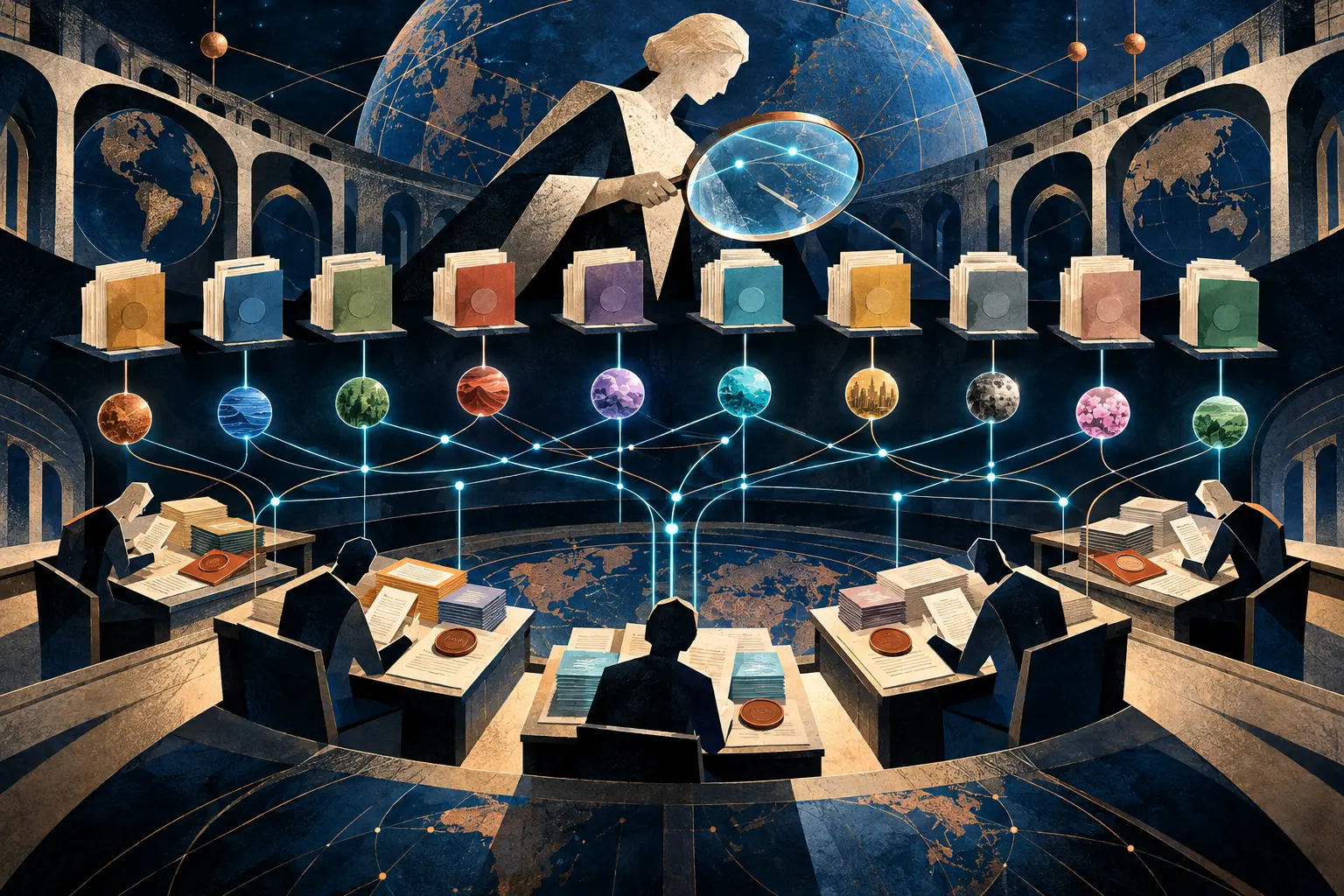An independent inspector studies ten distinct domain application files above separate evaluation desks; the desks retain their decision seals.