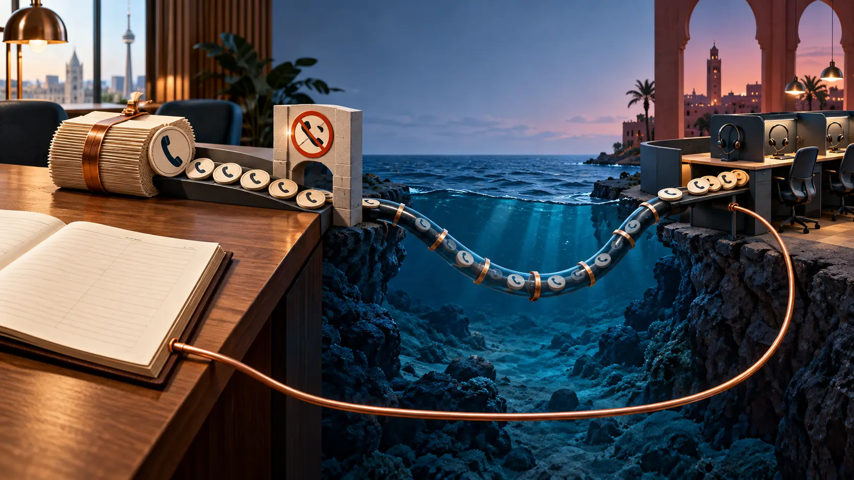 Conceptual phone tokens cross an ocean to a distant call centre while a copper responsibility line returns to the commissioning desk.