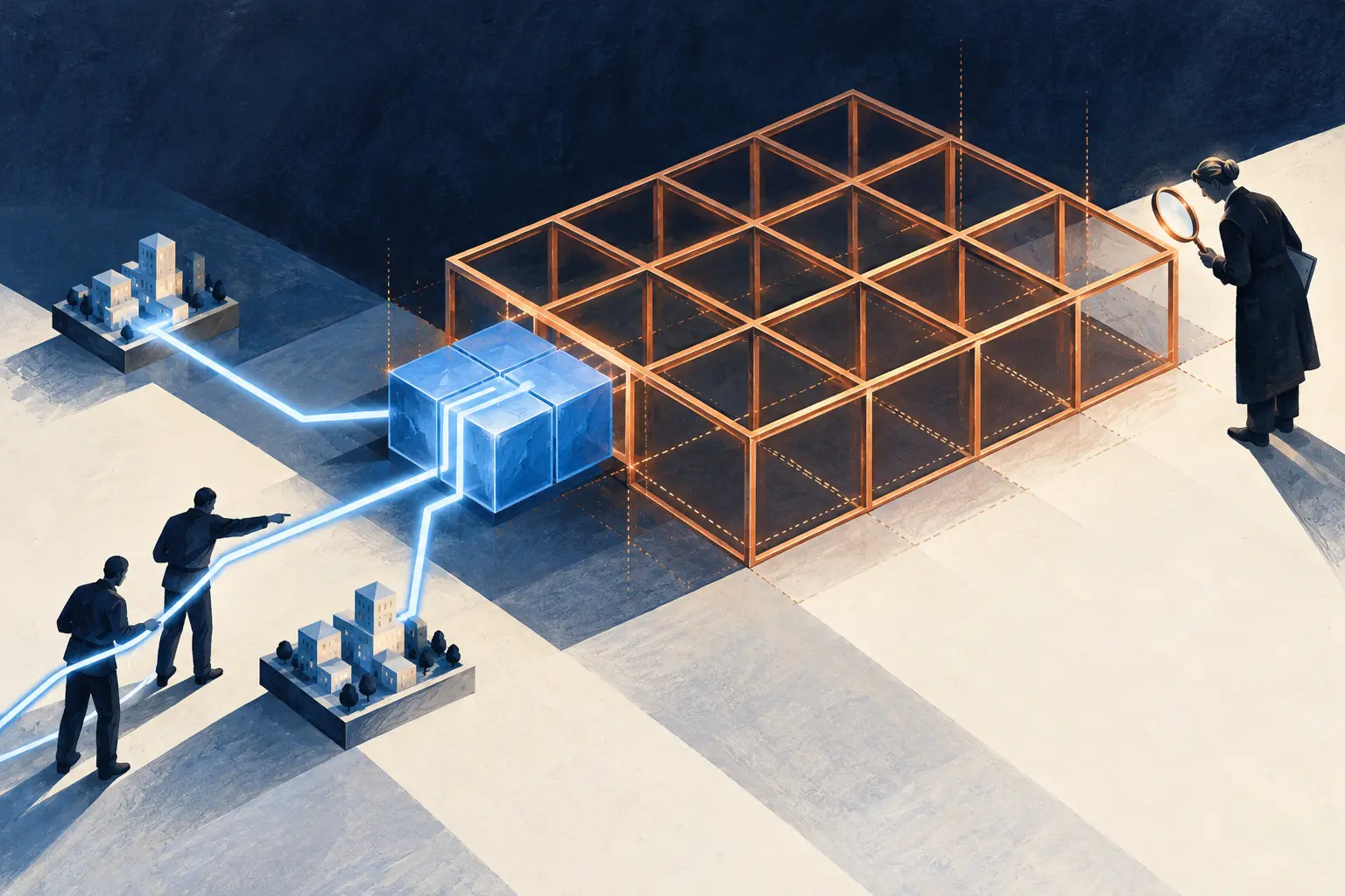 Two network sites connect to a compact blue address block beside a vast empty copper lattice; an inspector studies the unoccupied reserve.