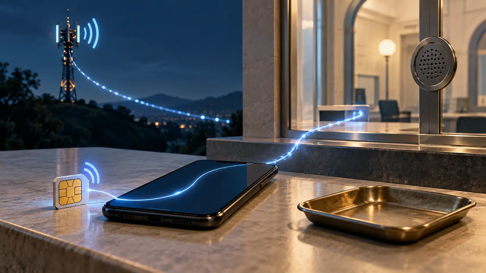 An active SIM connects a phone to a civic complaint window; a coin tray is empty.