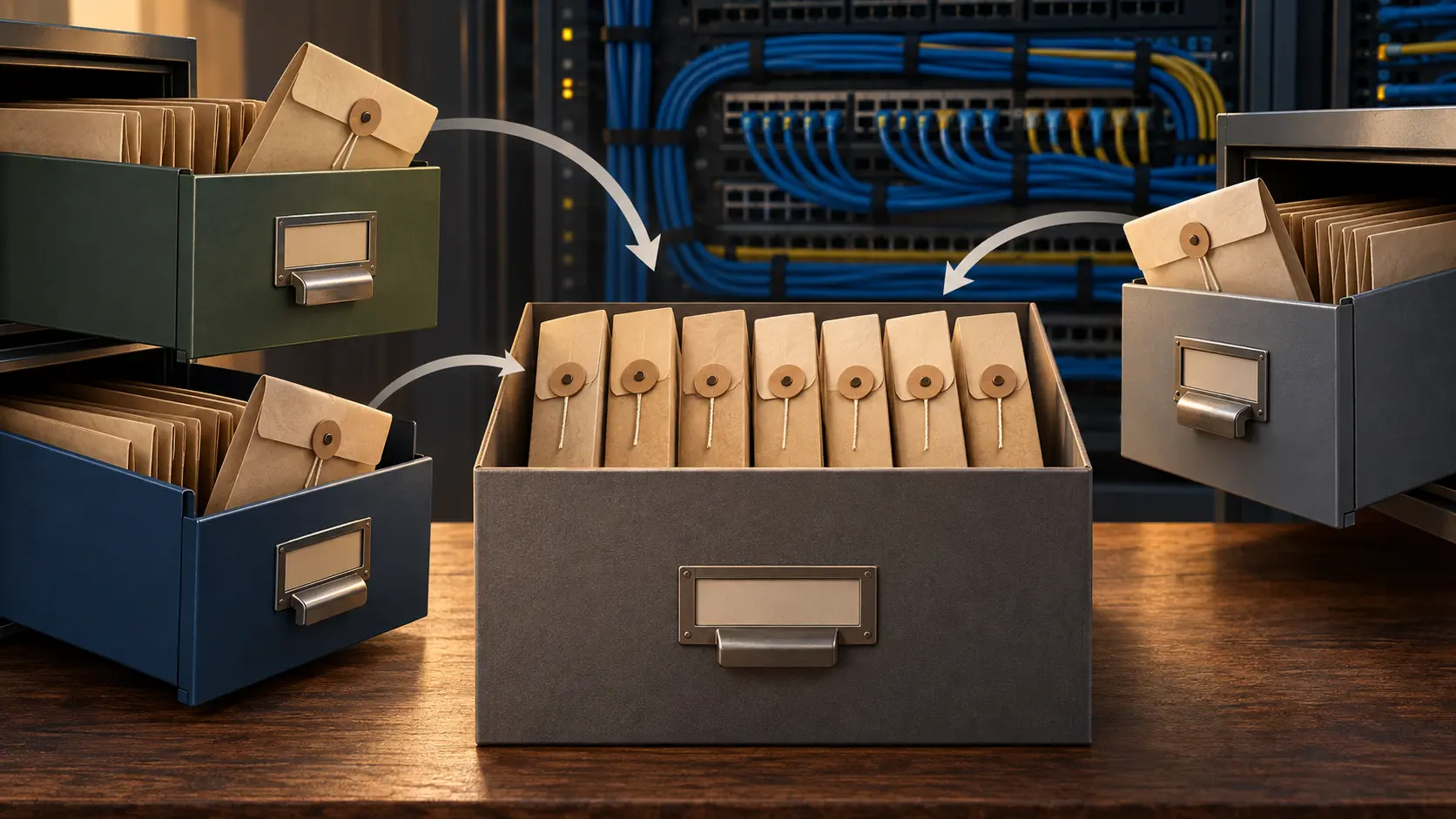 Seven sealed registry folders from three drawers gathered in one archival box beside a network patch panel.