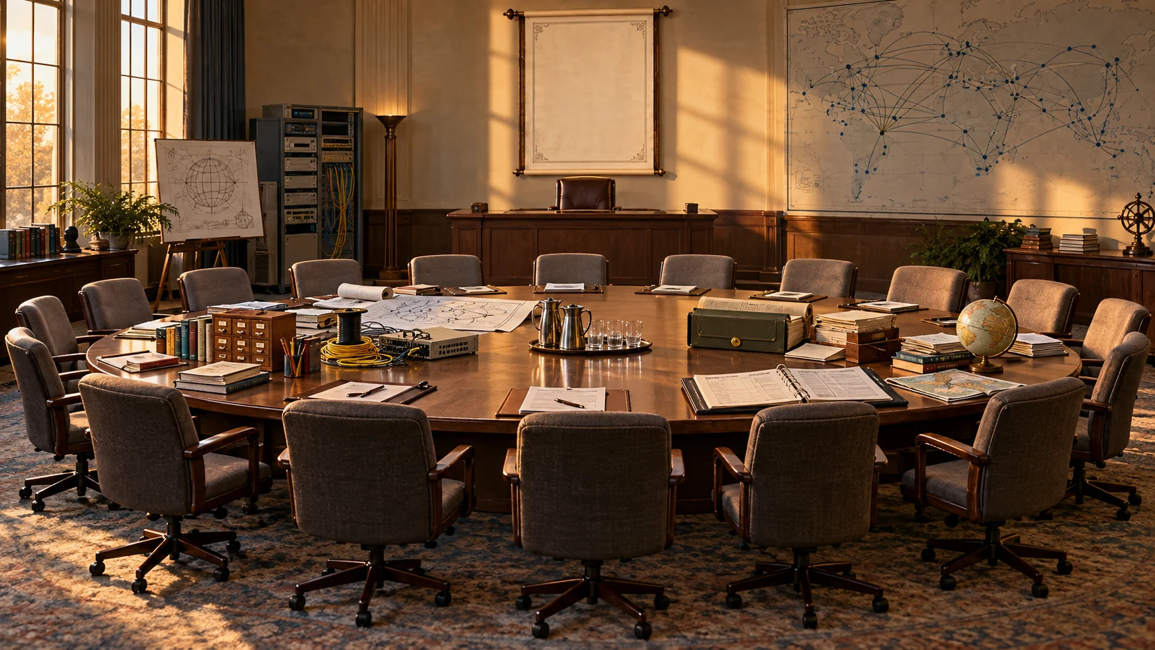 An empty early-1990s policy table holds library cards, network diagrams and a budget ledger; an unoccupied decision desk stands beyond.