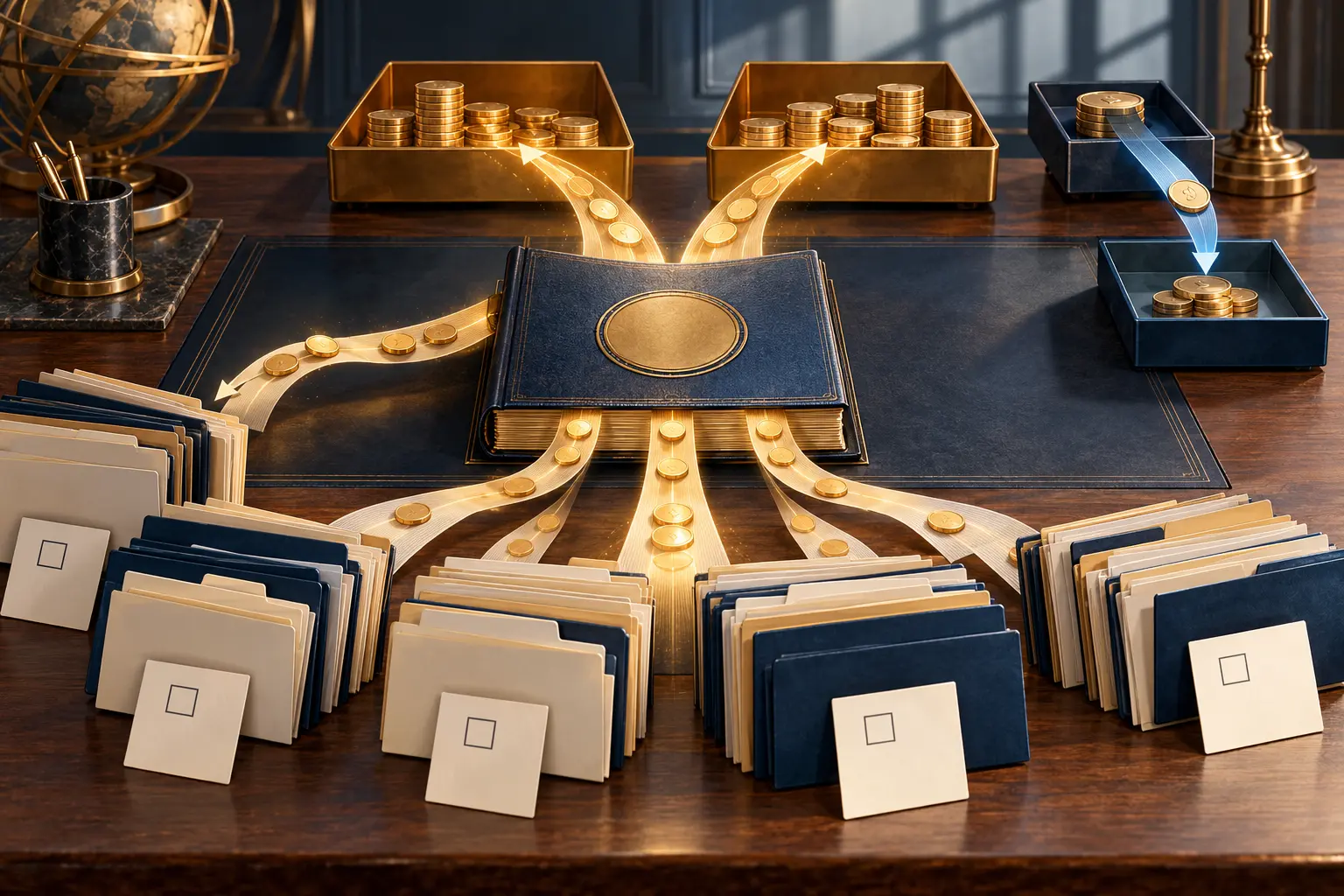 Application folders feed a cost-recovery ledger; separate streams replenish two funds, return toward applicants and move a reserve into a project fund.