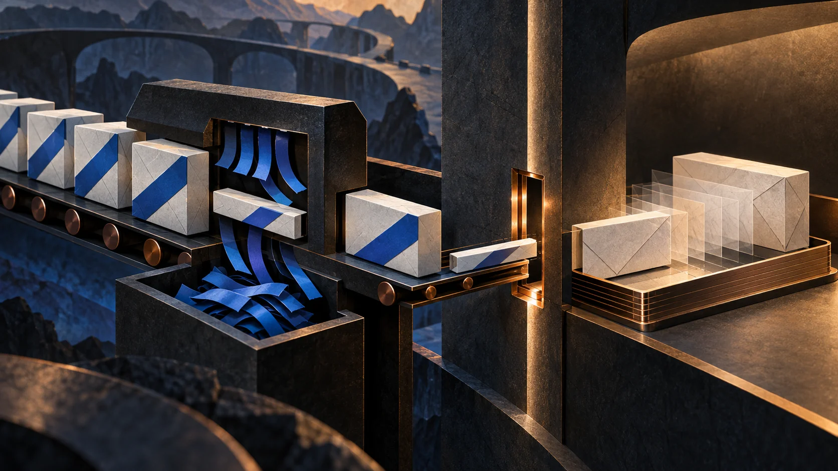 A blue-striped packet is compressed as blue strips fall away; a thin packet crosses a narrow amber slot toward a larger receiving tray while a wider packet waits.