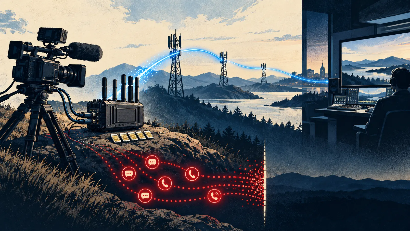 A field camera sends one video feed through mobile networks while a separate call-and-message path stops at a legal boundary.