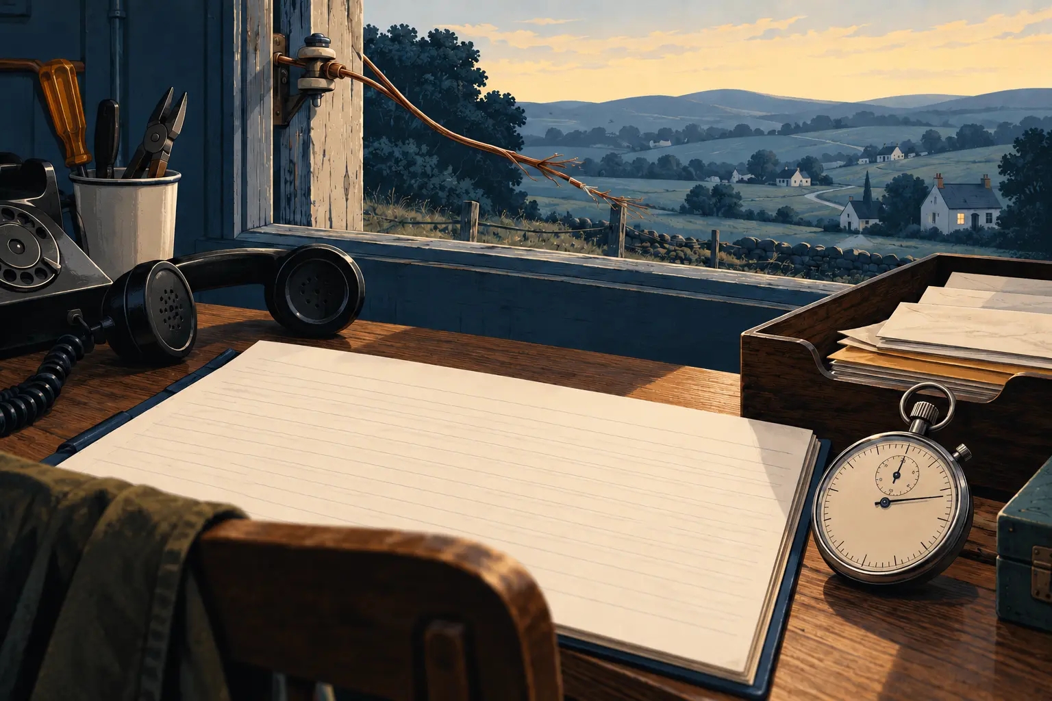 A blank service ledger, stopwatch and old telephone sit at a rural repair desk as a line runs toward distant homes.
