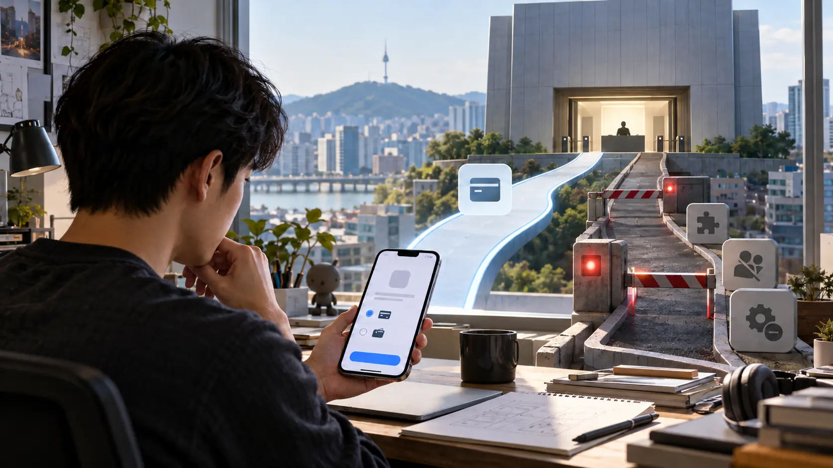 A developer checks two abstract in-app payment routes in Seoul; one passes through open gates and one meets platform-controlled barriers.