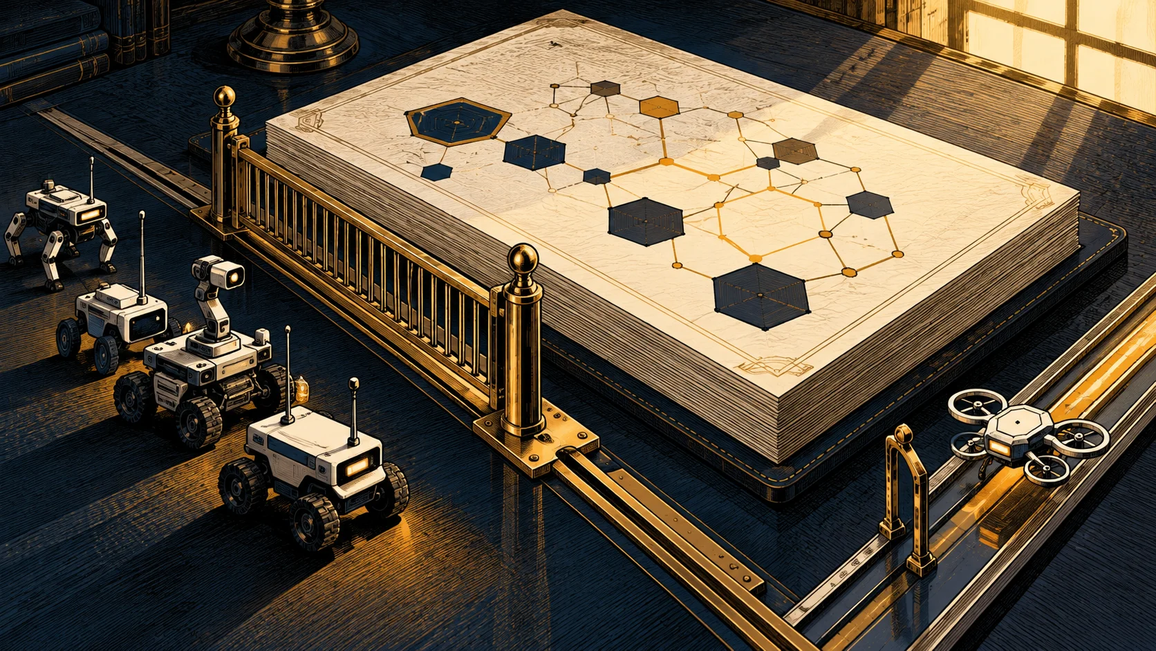 A large ledger sits behind a brass gate, while small machine tokens and a drone occupy separate approaches.