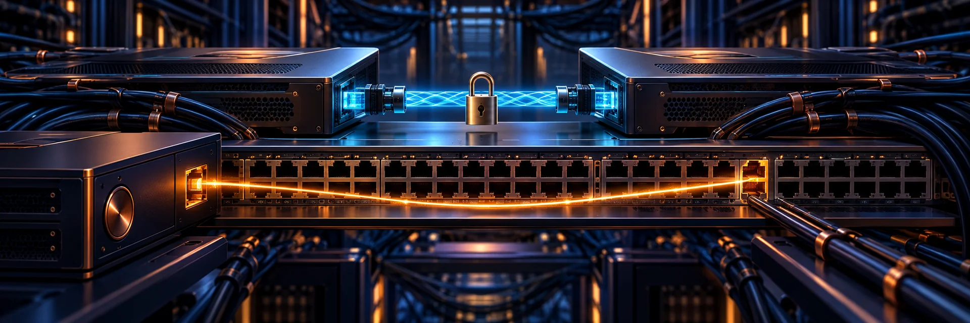Two routers share a locked blue control channel above an Ethernet switch; an amber path points from a separate console to a third port.