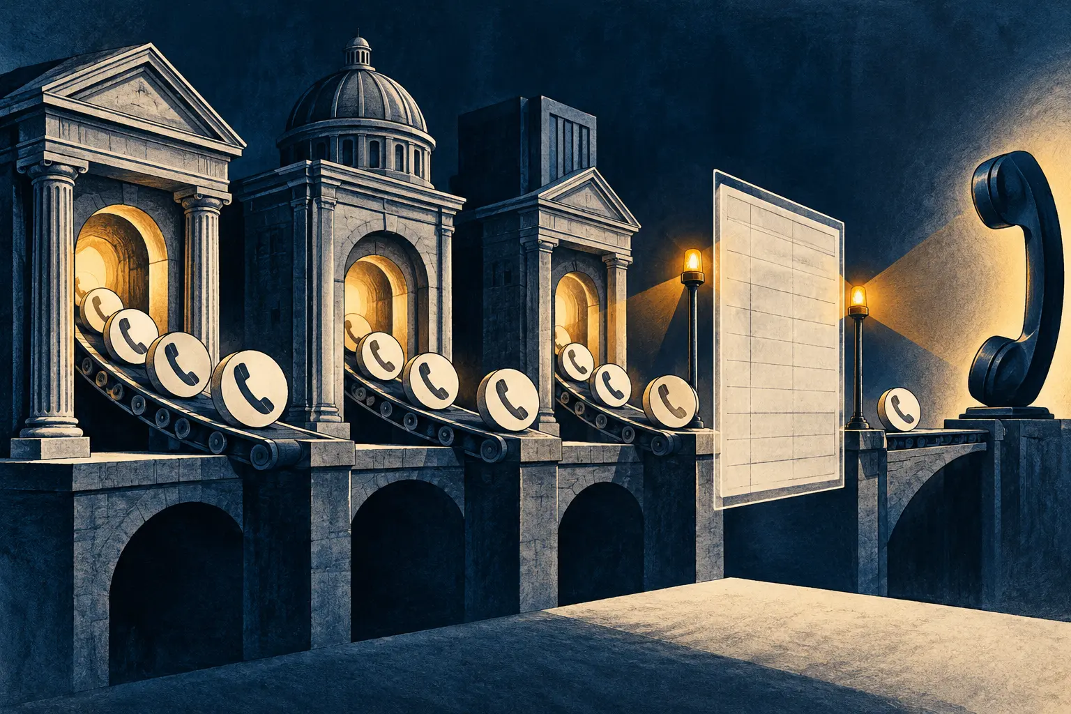 Telephone-number tokens pass through institutional gates beside an empty audit ledger.