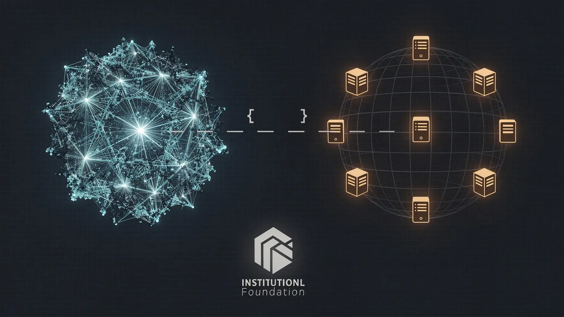 Dark editorial diagram of three separate network surfaces: a dense cyan exchange fabric of interconnected nodes at left, an amber grid of distributed root-server instances at right, and a muted institutional emblem below, with connecting lines between them deliberately broken and left open in empty space rather than joined.