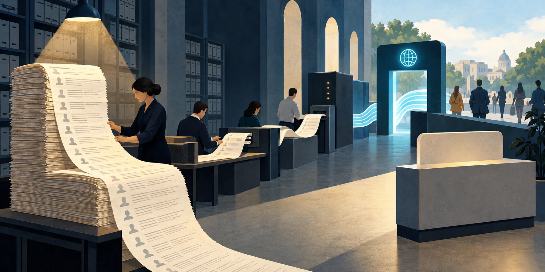 Editorial illustration of a long paper register moving through public offices to a network gateway, with people beyond it and an empty counter panel.