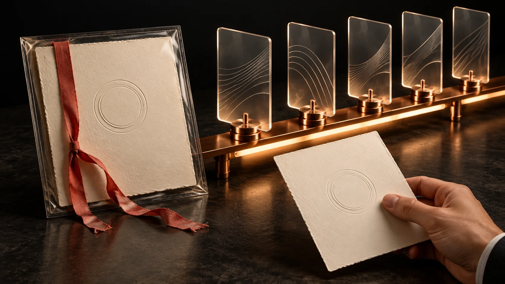 A cream folio with a loose ribbon stands beside glass panels on a lit counting rail; a hand holds another blank folio.