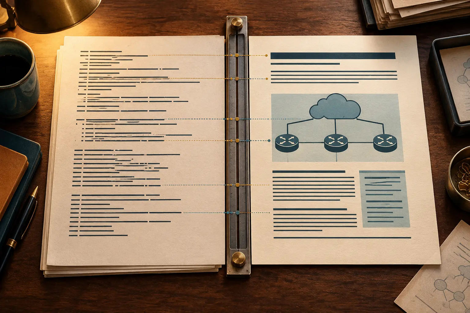 A plain-text RFC page is checked against a typeset page containing the same network diagram.