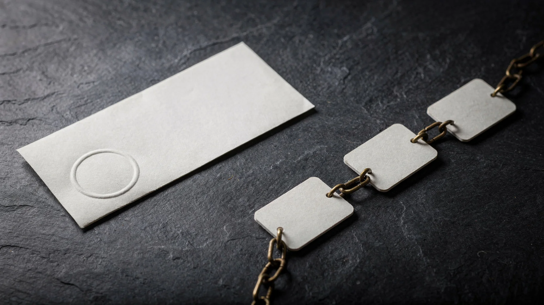 An embossed certificate slip with a plain circular seal lying lit on a dark slate desk, separated by clear space from a short chain of four blank document cards trailing into shadow.