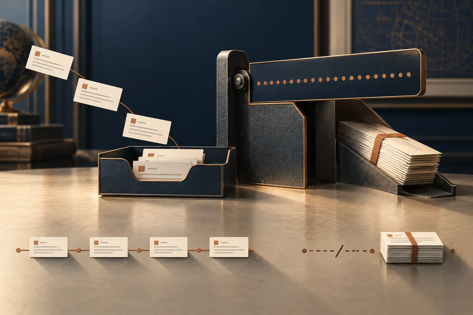 A quiet stream of email cards meets a high cutoff gate; one thread remains linked while a bundled reply breaks away.