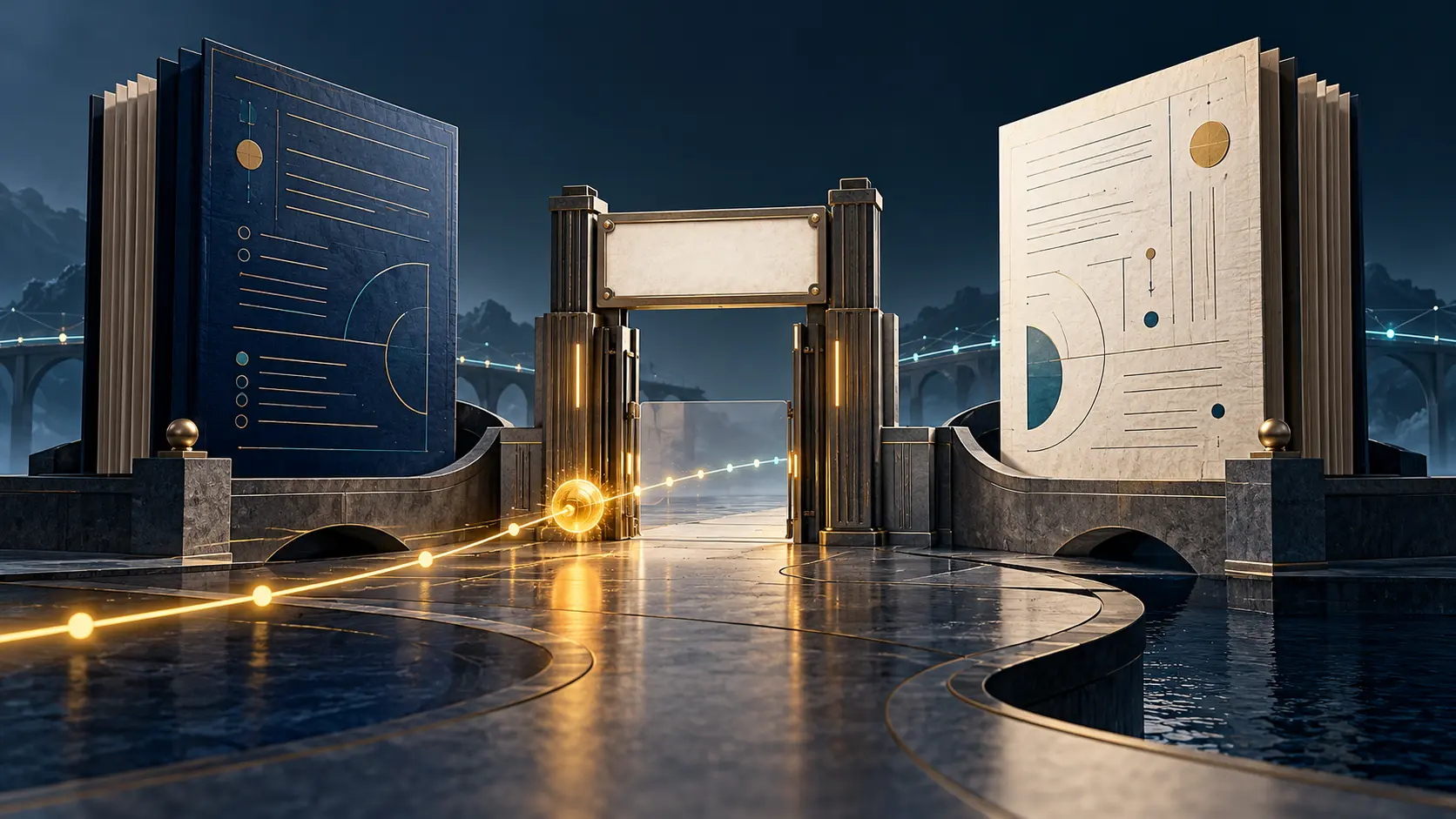 Two registry rulebooks face a transfer checkpoint with an unfinished compatibility test.