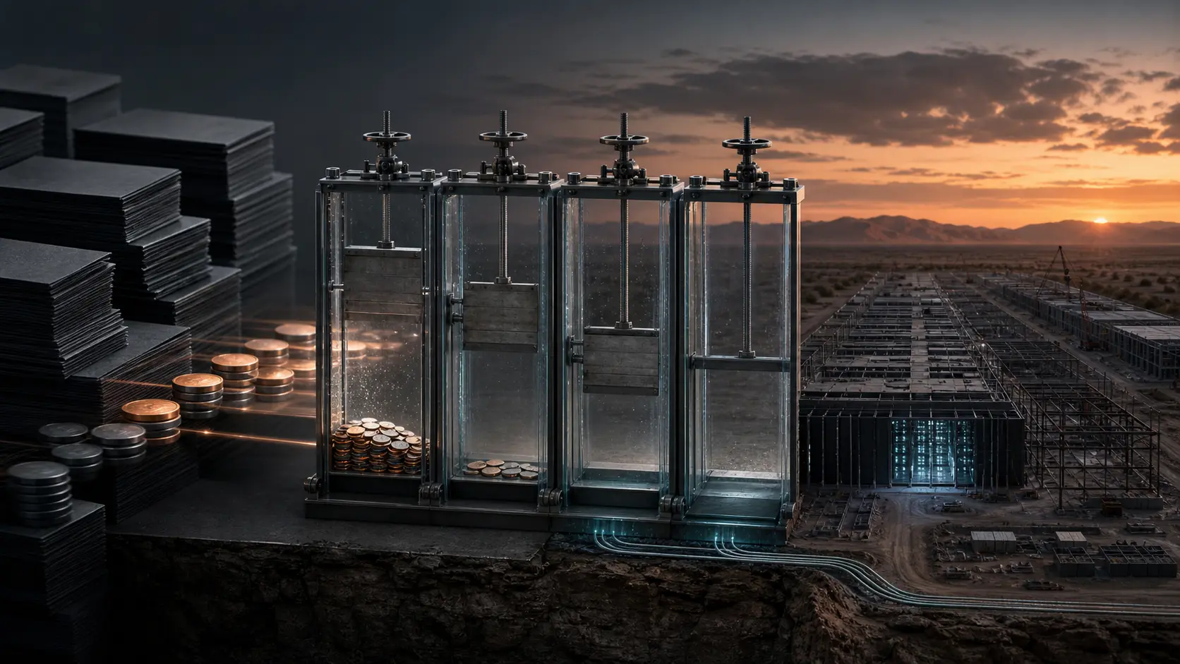 Conceptual capital-market stacks pass through four partly closed transparent funding gates toward an incomplete desert data-centre campus