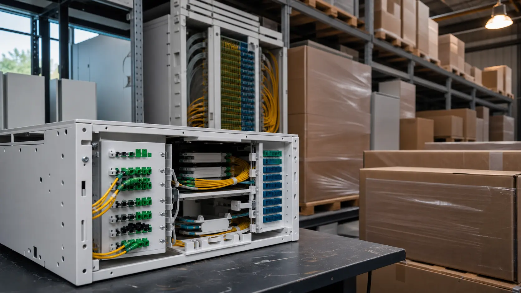 Editorial illustration of unbranded optical access equipment surrounded by boxed inventory in a warehouse