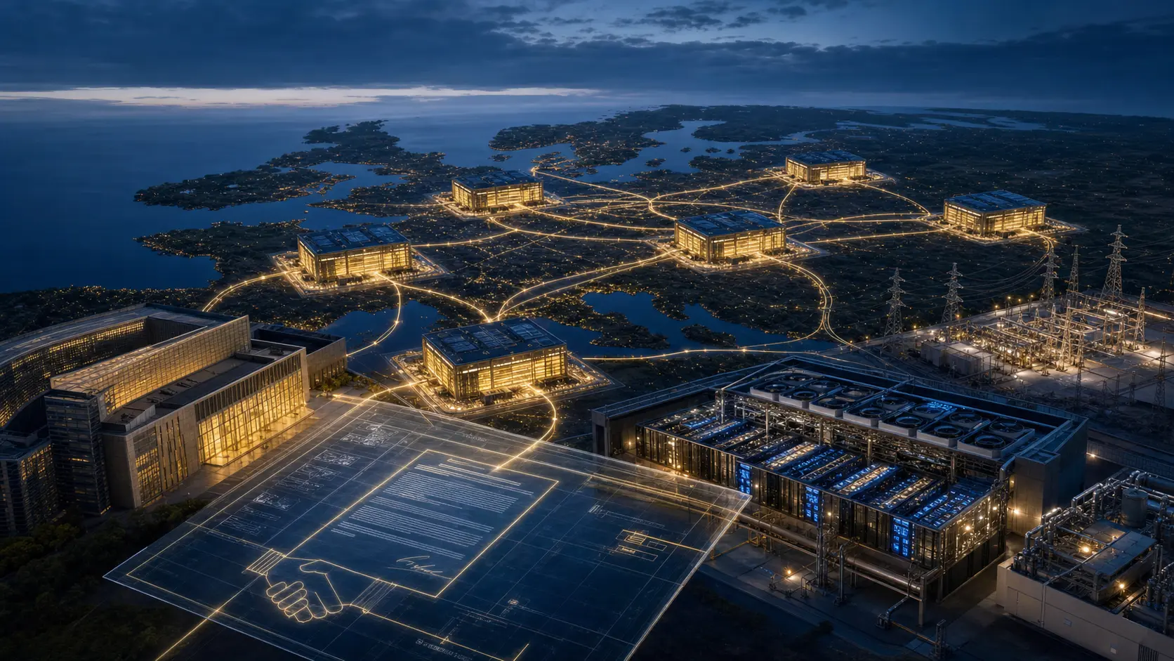 A fictional European computing landscape links seven luminous data-centre halls to a public institution, a power substation and a transparent procurement schematic.