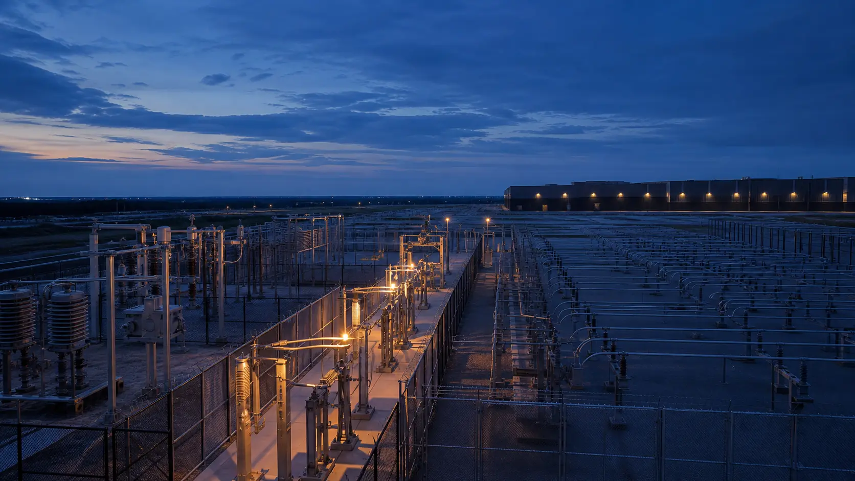 A blue-hour electrical substation has one amber-lit transmission path leading towards a distant data-centre building while unlit bays extend across the site.