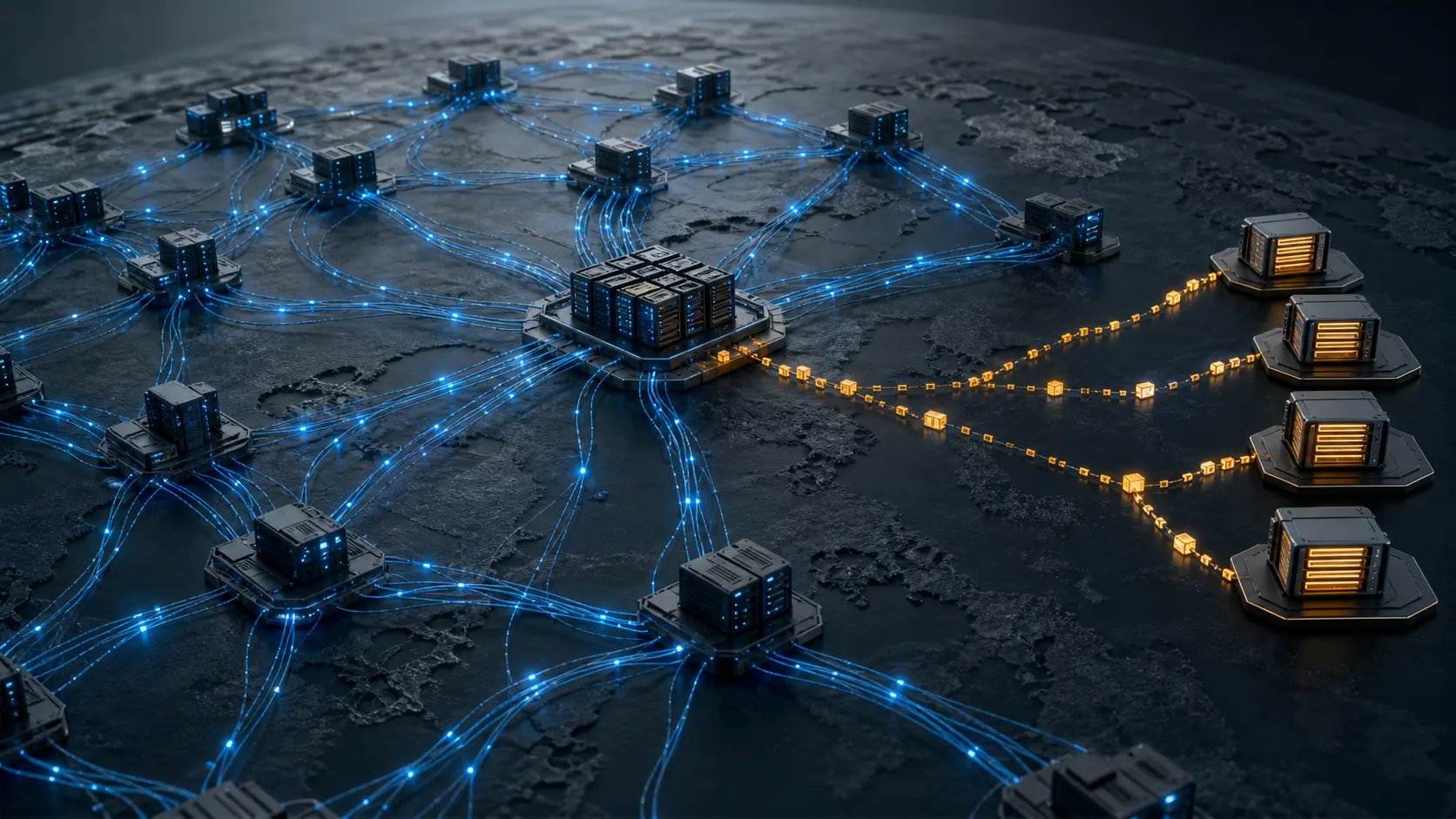 A global edge network carries normal blue traffic while an amber analytics-delivery stream queues before customer storage nodes.