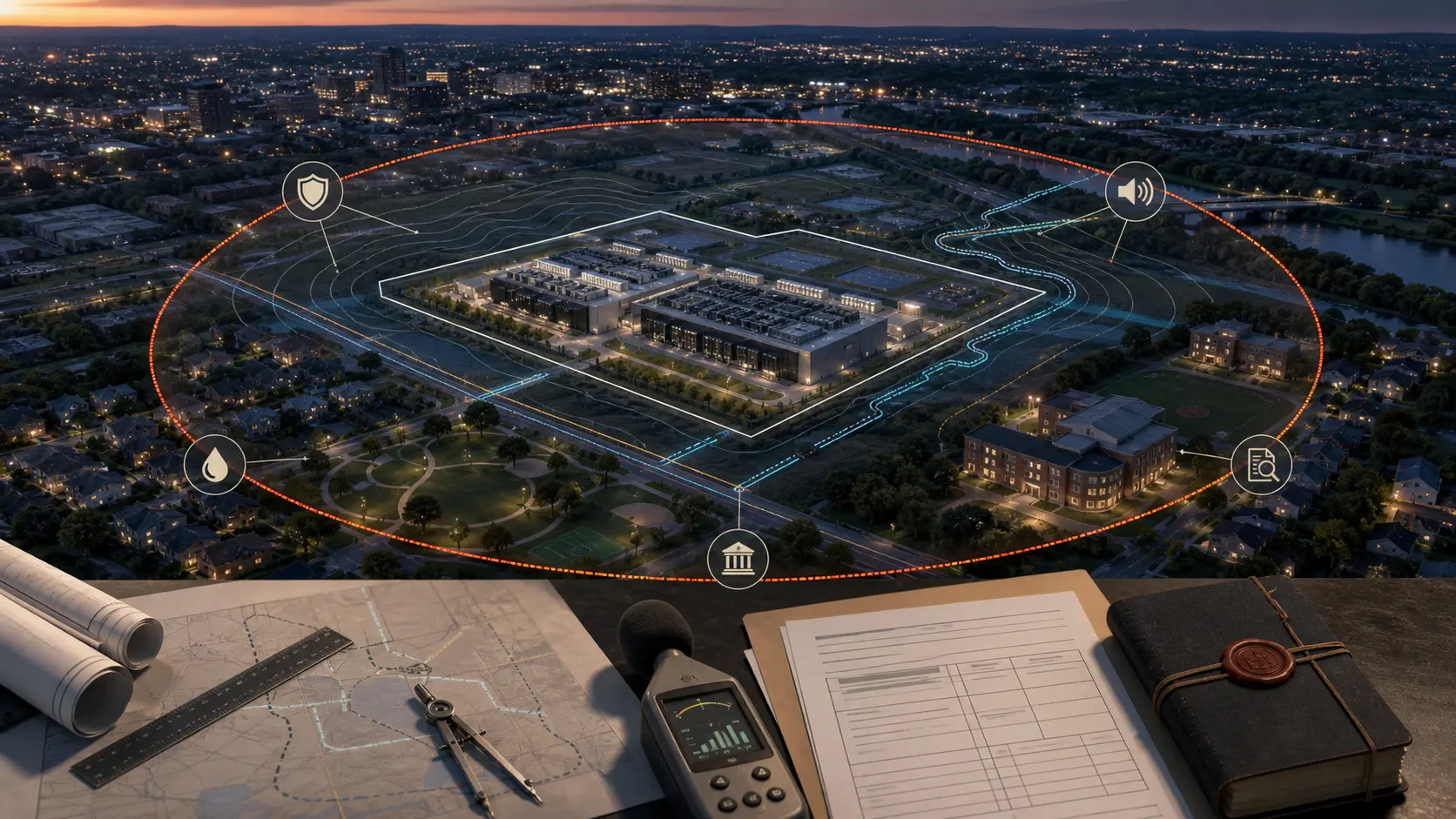 An unbranded data-centre campus inside an industrial parcel is surrounded by a planning buffer, acoustic contours and municipal review materials.