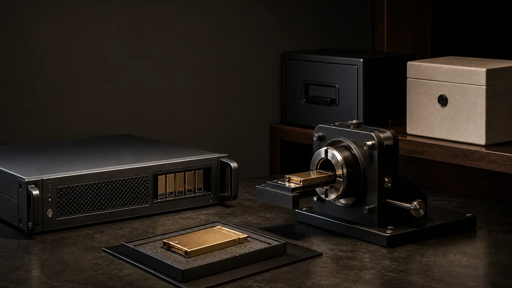 A hardware security module with separated key-custody boxes and backup cartridges passing through a rotation fixture.