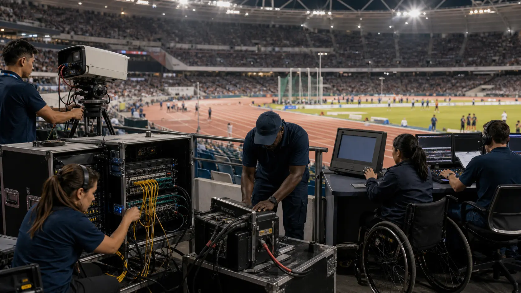 A technical team operating timing, broadcast, fibre and accessible control equipment at a large international athletics venue.