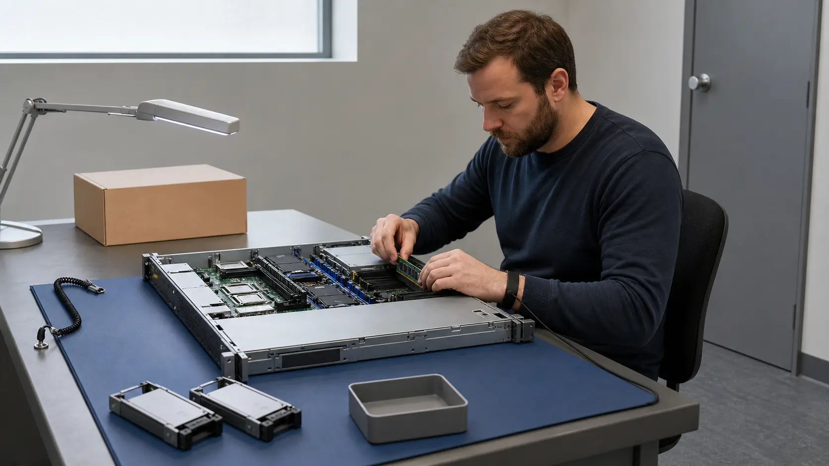 AI-generated editorial reconstruction: a technician checks an unbranded dedicated server and finite spare components on an anti-static remote-hands workbench.