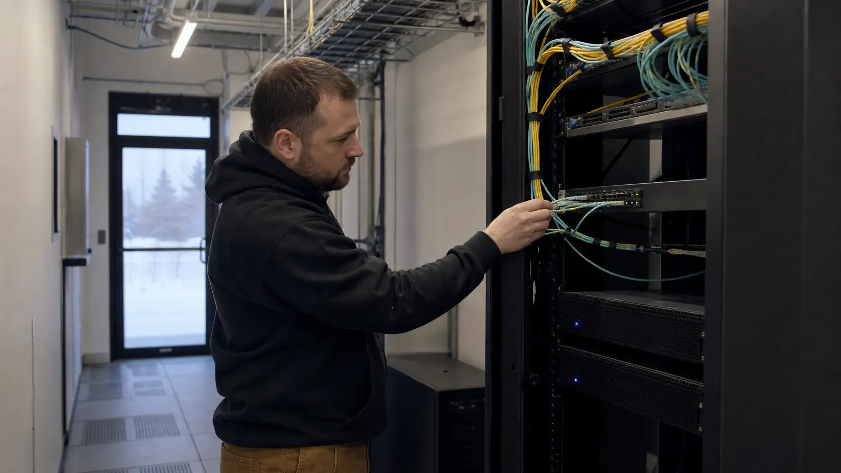 AI-generated editorial reconstruction: a Canadian network engineer checks fibre patching beside a compact exchange rack in an Edmonton carrier room during winter.