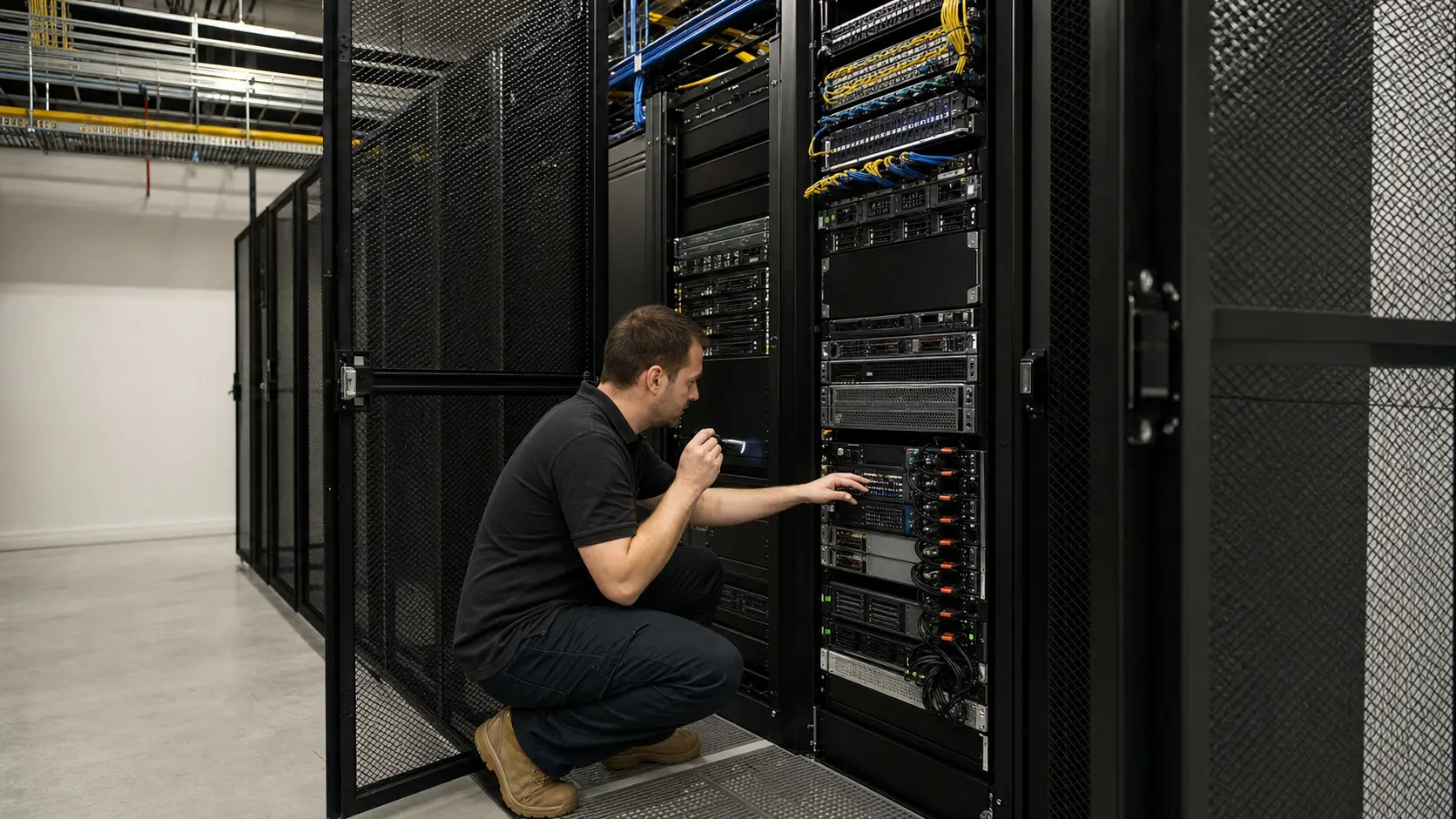 AI-generated editorial reconstruction: one unbranded technician checks dual power leads and fibre patching inside a modest private colocation cage.