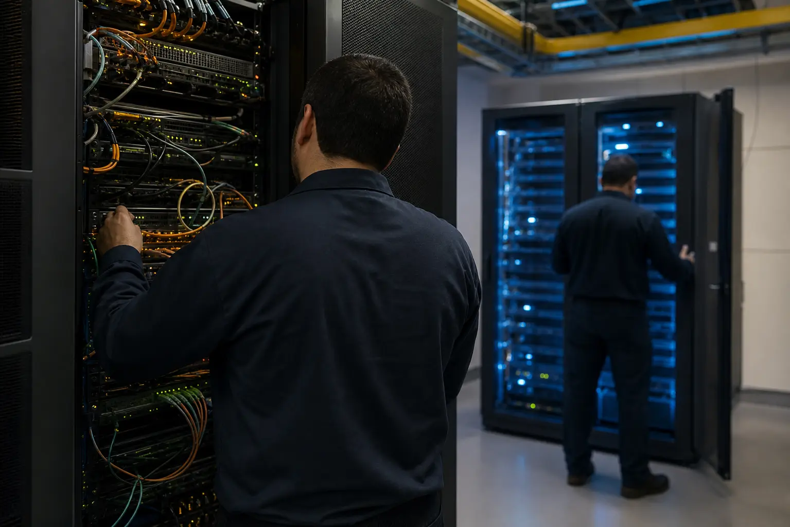 Unbranded regional cloud operations room with anonymous technician and server cabinets