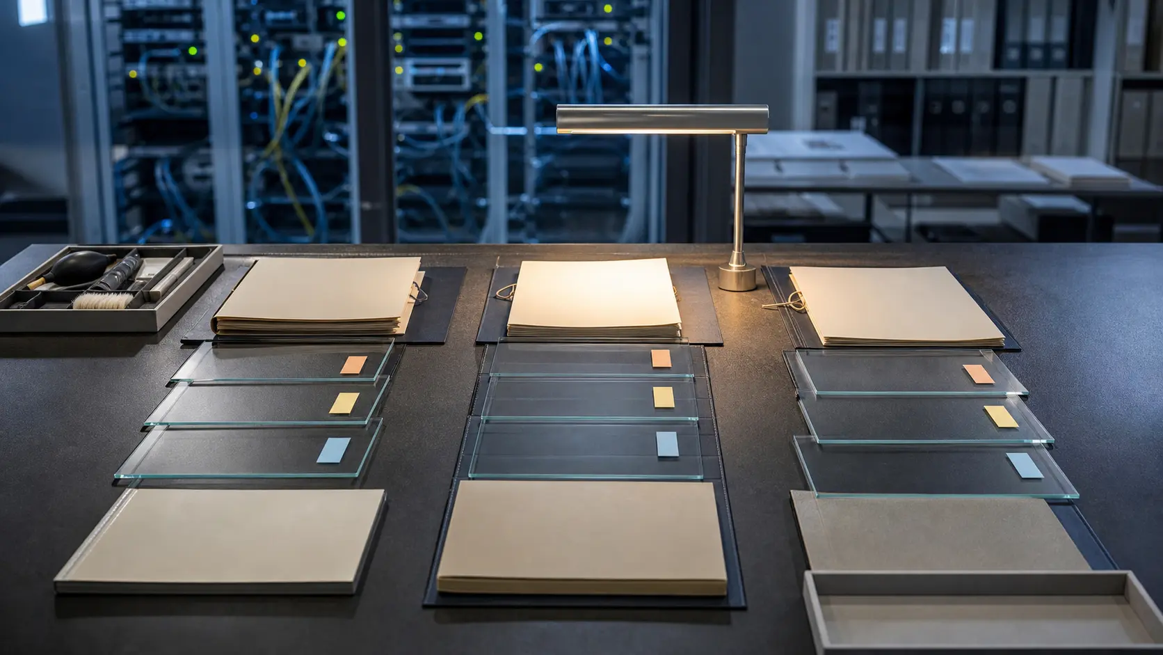 Layered governance folios form a visible document lineage on an archive table while network equipment remains in the background.