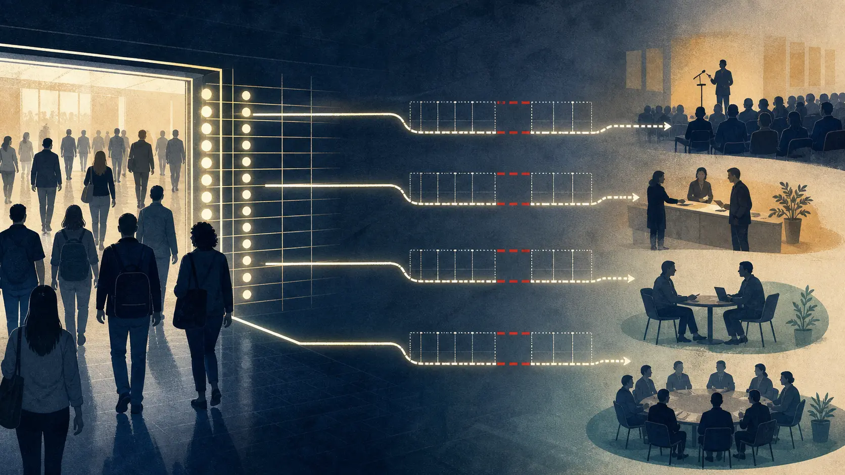 Anonymous conference entrants move past an aggregate counting grid as four paths toward speaking, volunteering at a help desk, mentoring and committee service break at missing data connections.