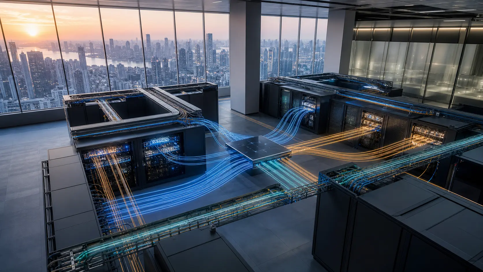 An overhead view of unbranded network racks and abstract blue, cyan and amber paths illustrates a metropolitan routing handoff beside a generalized dawn skyline.