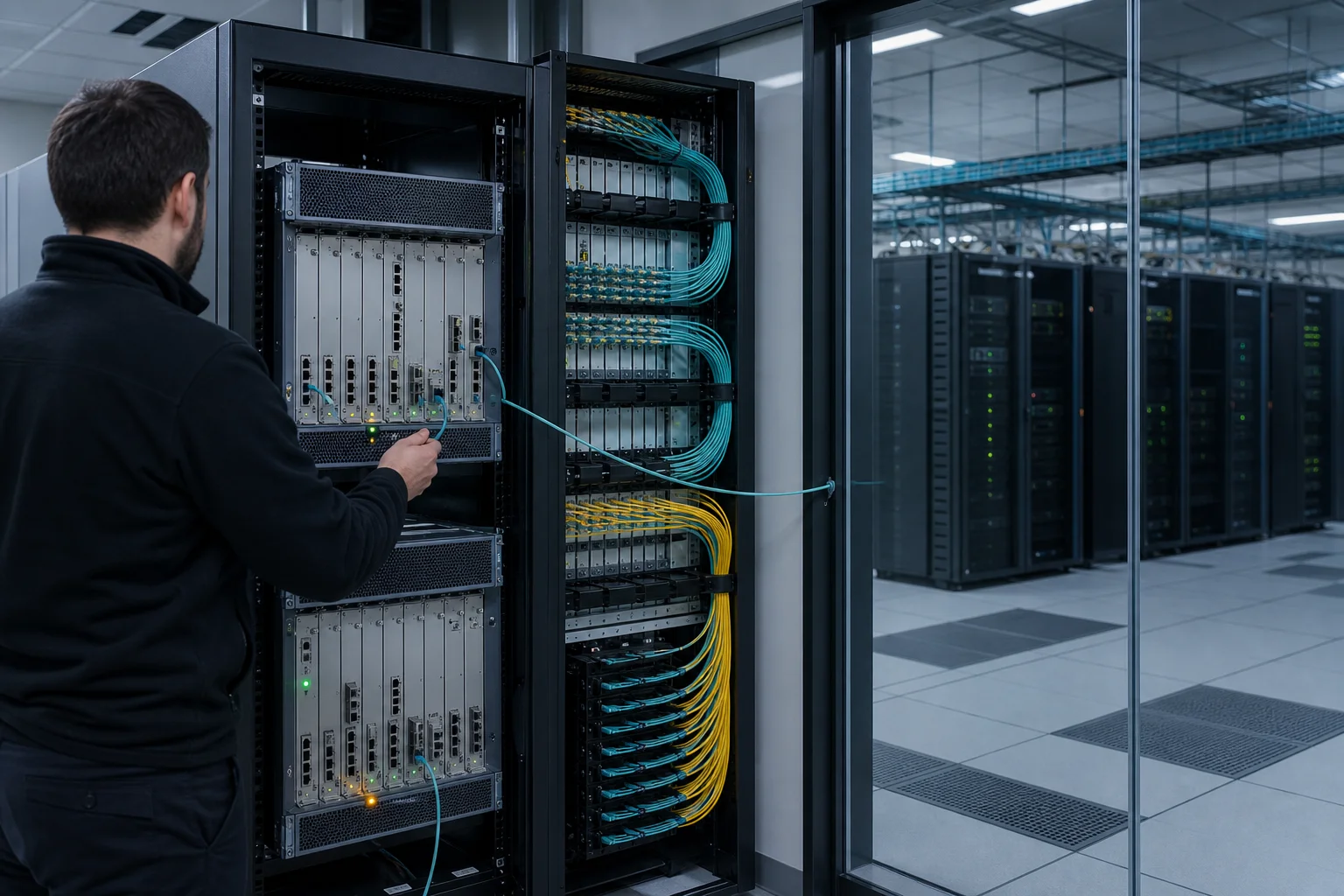 A network engineer checks an isolated router rack linked through a controlled fibre feed-through to production equipment behind glass.